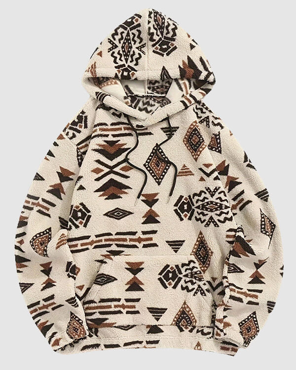 Zévain Sherpa Kapüşonlu Sweatshirt, Retro Aztek Desenli Şıklık