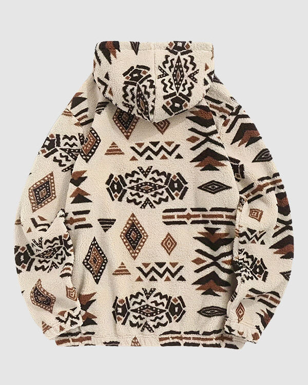 Zévain Sherpa Kapüşonlu Sweatshirt, Retro Aztek Desenli Şıklık