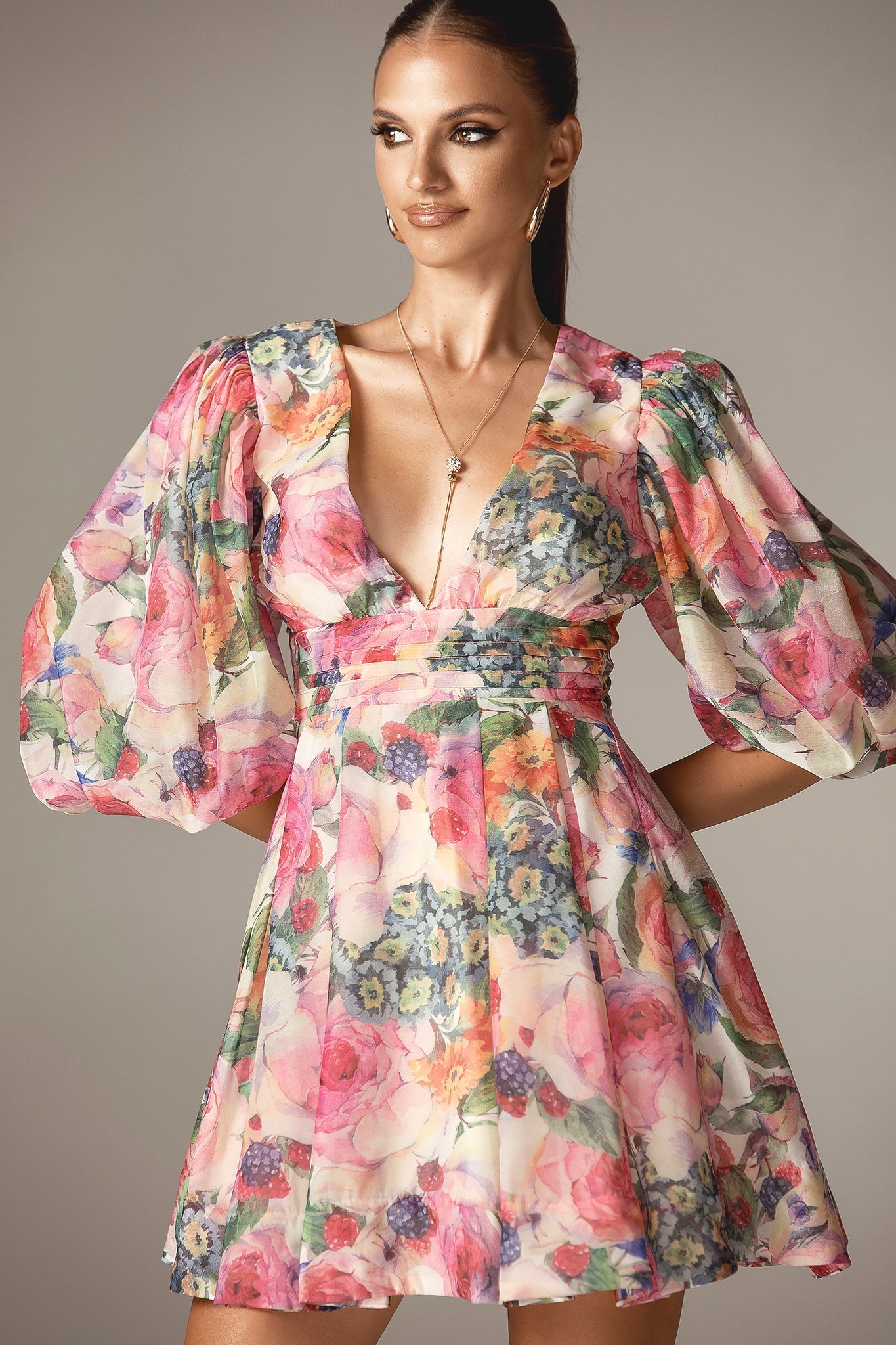 Wivory Bloom Rose Keten Organze Mini Elbise (Gül Desenli)