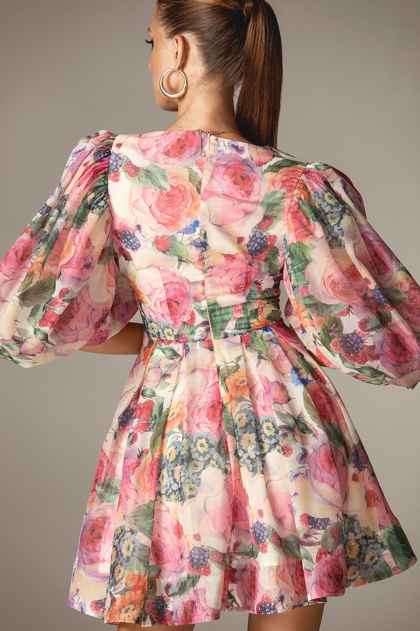 Wivory Bloom Rose Keten Organze Mini Elbise (Gül Desenli)