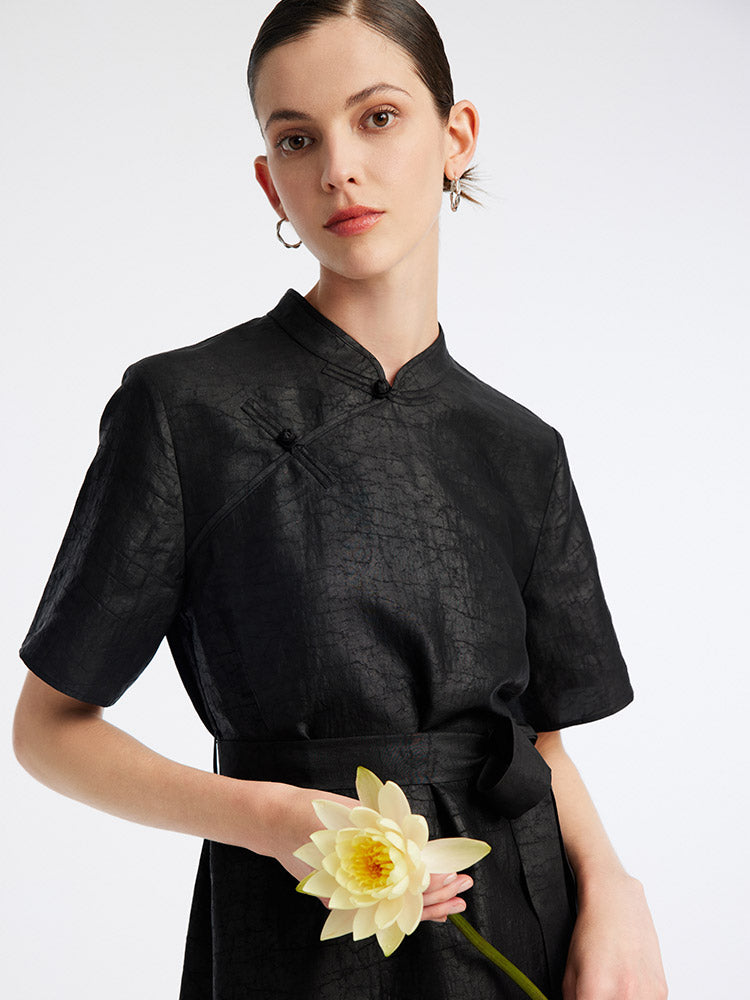 Xiang Yun İpek Mandarin Yaka Cheongsam Qipao Mini Elbise
