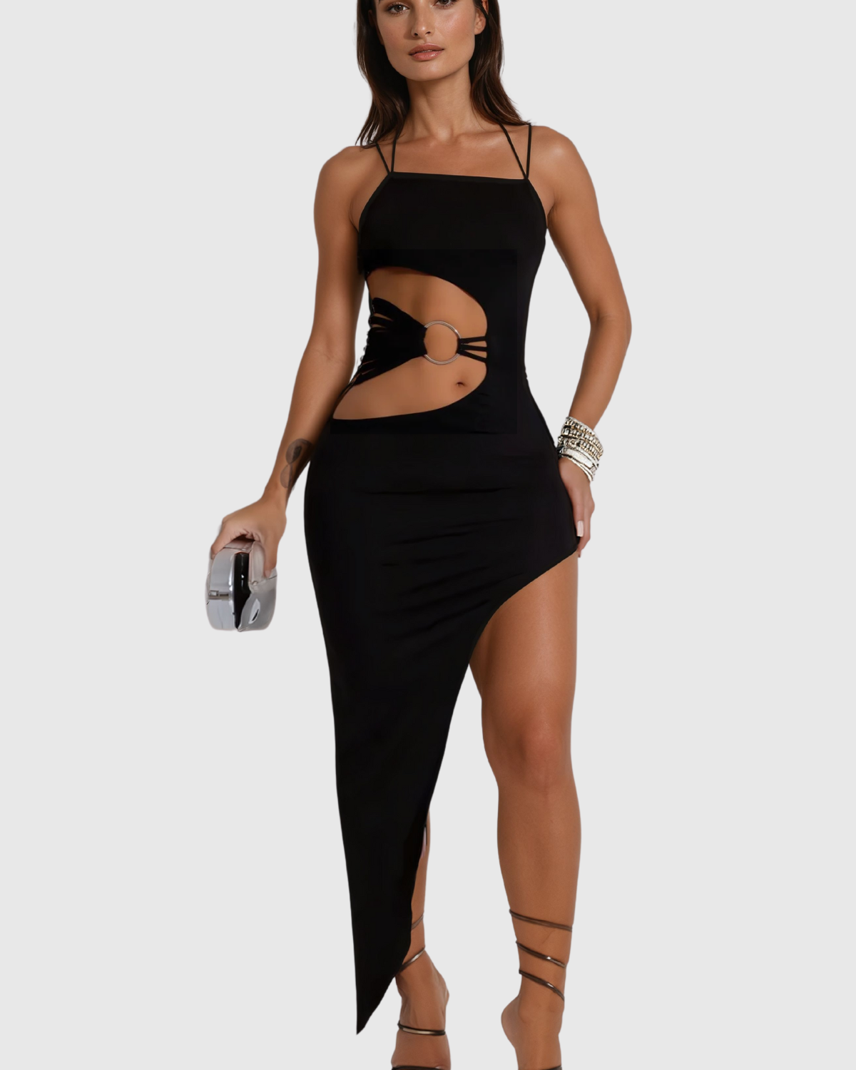 Aimi Cutout Asimetrik Bölünmüş Maxi Elbise