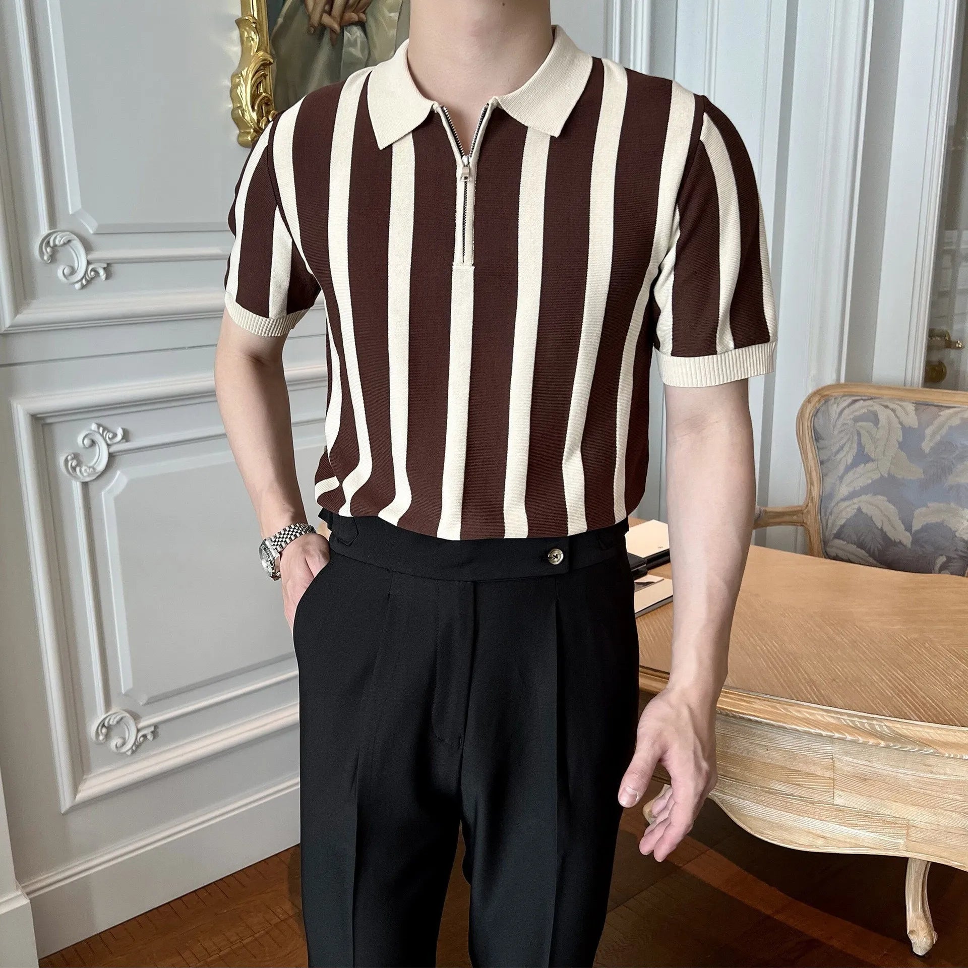 Yarım Fermuarlı Çizgili Klasik Polo T-shirt
