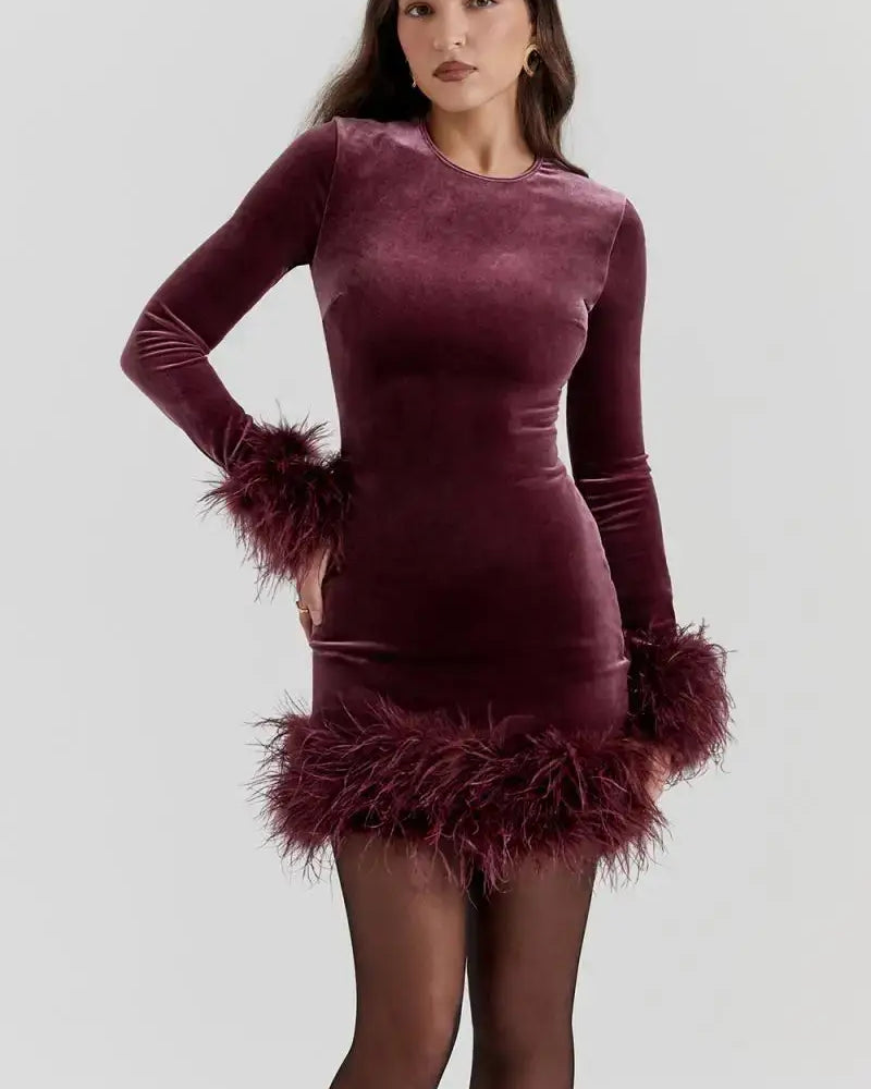 Zarif Bodycon Kürklü Kadife Elbise - Güzel